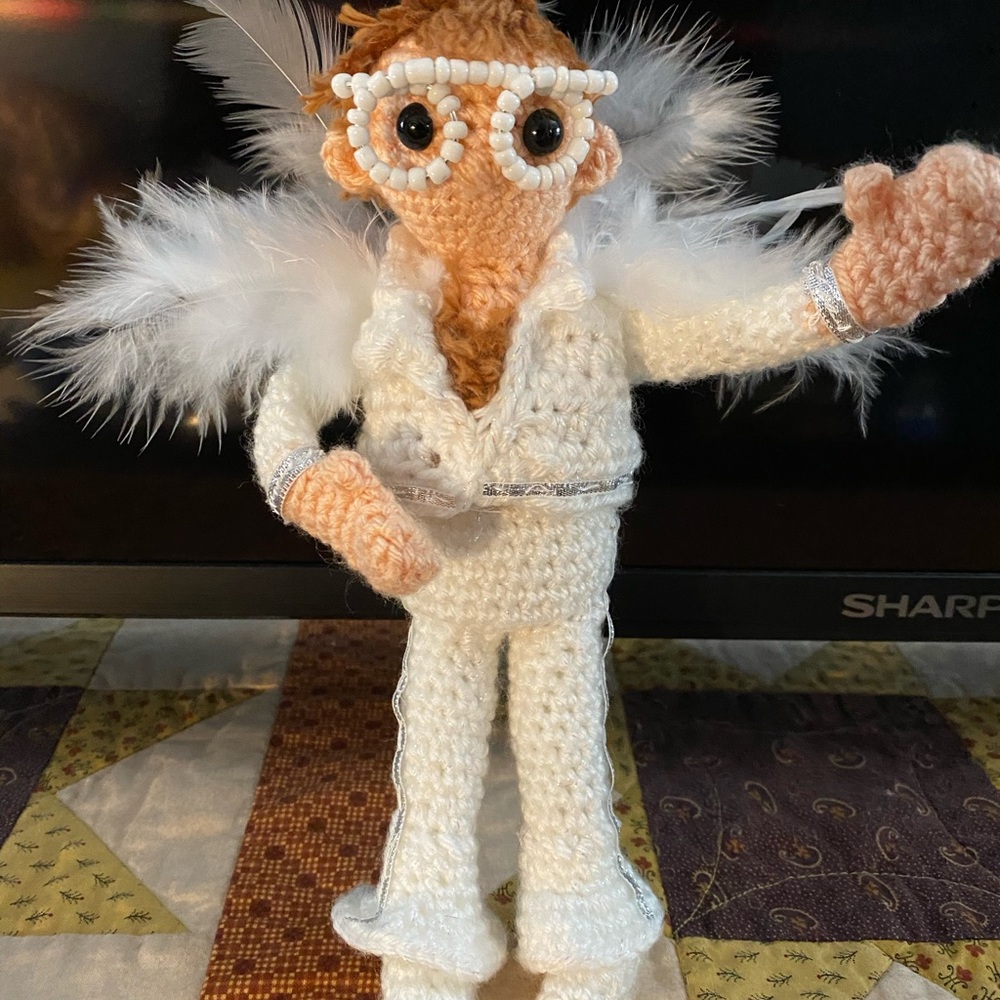 Handmade crocheted Elton doll